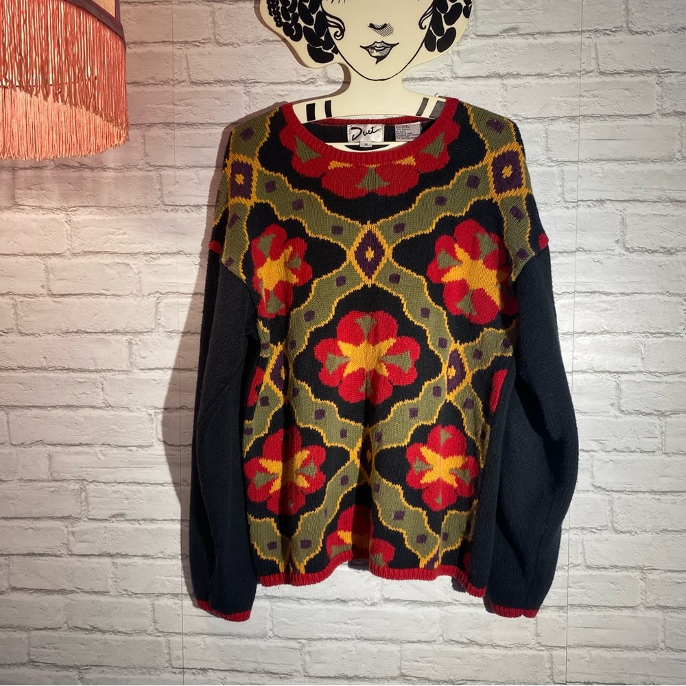 Duet Sweater Vintage Sweater Folk Art Pattern Colorful Size Medium